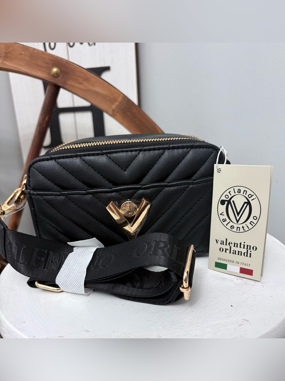 Valentino Orlandi Black Quilted Crossbody Bag with Gold Hardware NWT